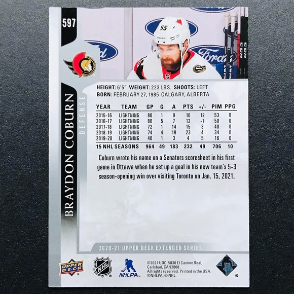 Braydon Coburn - 2020-21 Upper Deck #597 - Picture 2 of 2